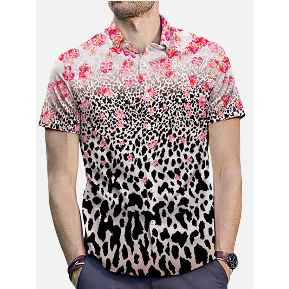 Men's Floral Printed Turn Down Collar Short Sleeve Slim Shirts - M As Picture