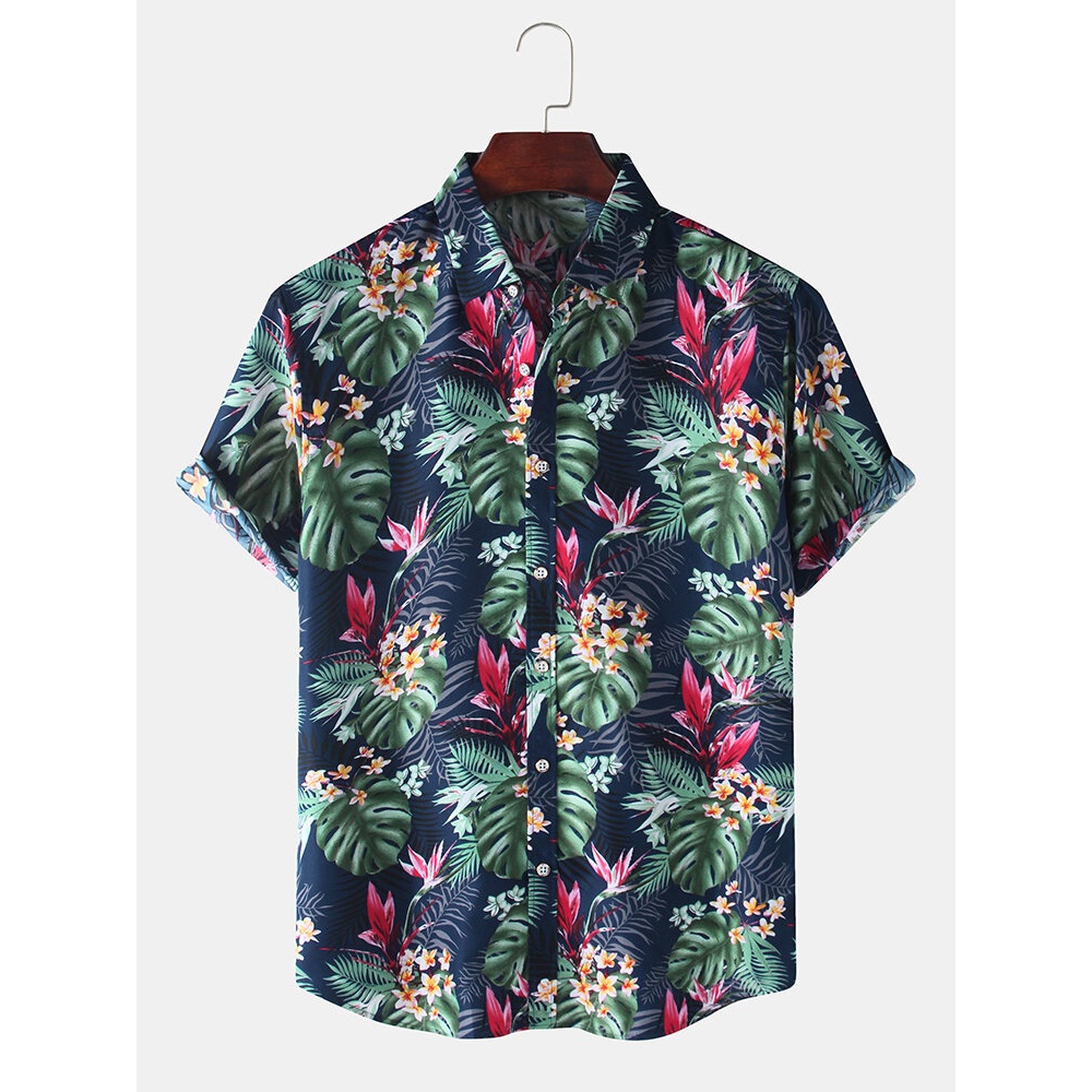 Holiday Style Tropical Plant Printed Lapel Collar Short Sleeve Mens Shirts - Navy XL