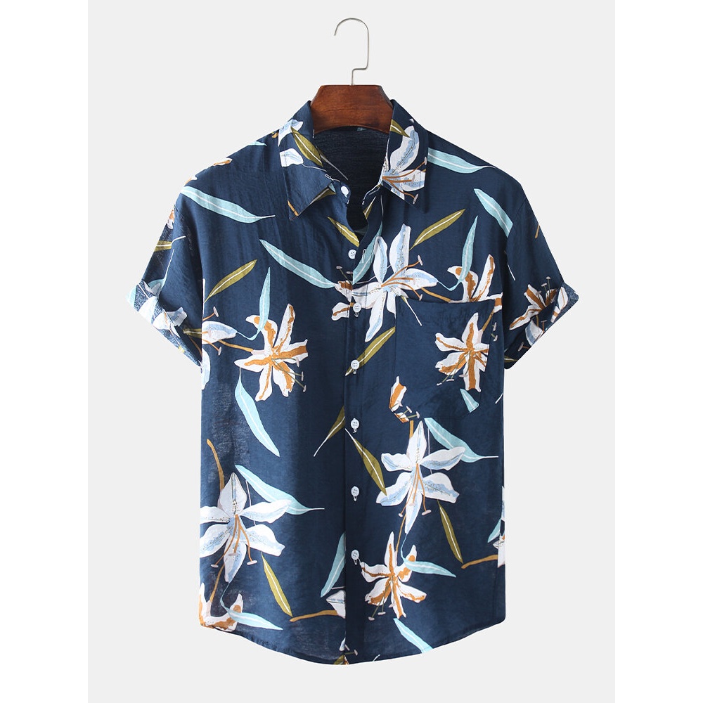 Mens Fashion Big Floral Printing Turn Down Collar Casual Shirts - Black S