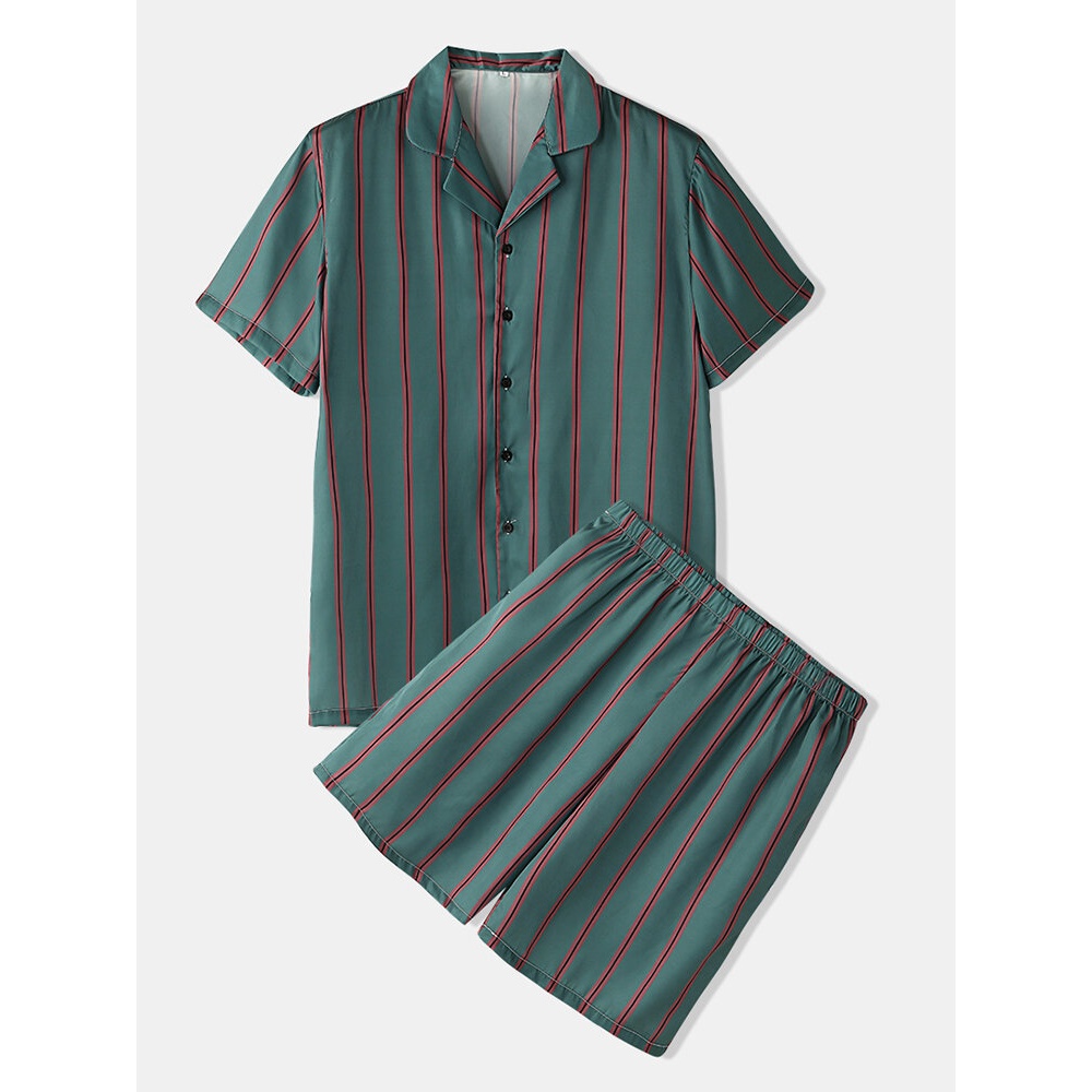Mens Striped Revere Collar Short Sleeve Home Casual Faux Silk Shirts Shorts - Green M