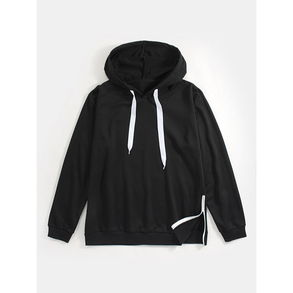 Mens Black Long Sleeve Kangaroo Pocket Side Zipper Slit Hem Simple Cotton Drawstring Hoodies - Black XL