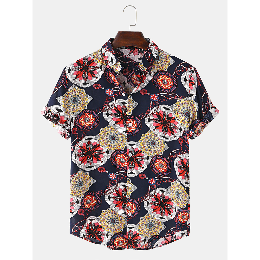Mens Vintage Ethnic Abstract Print Shorts Sleeve Turn Down Collar Casual Shirts - Green M
