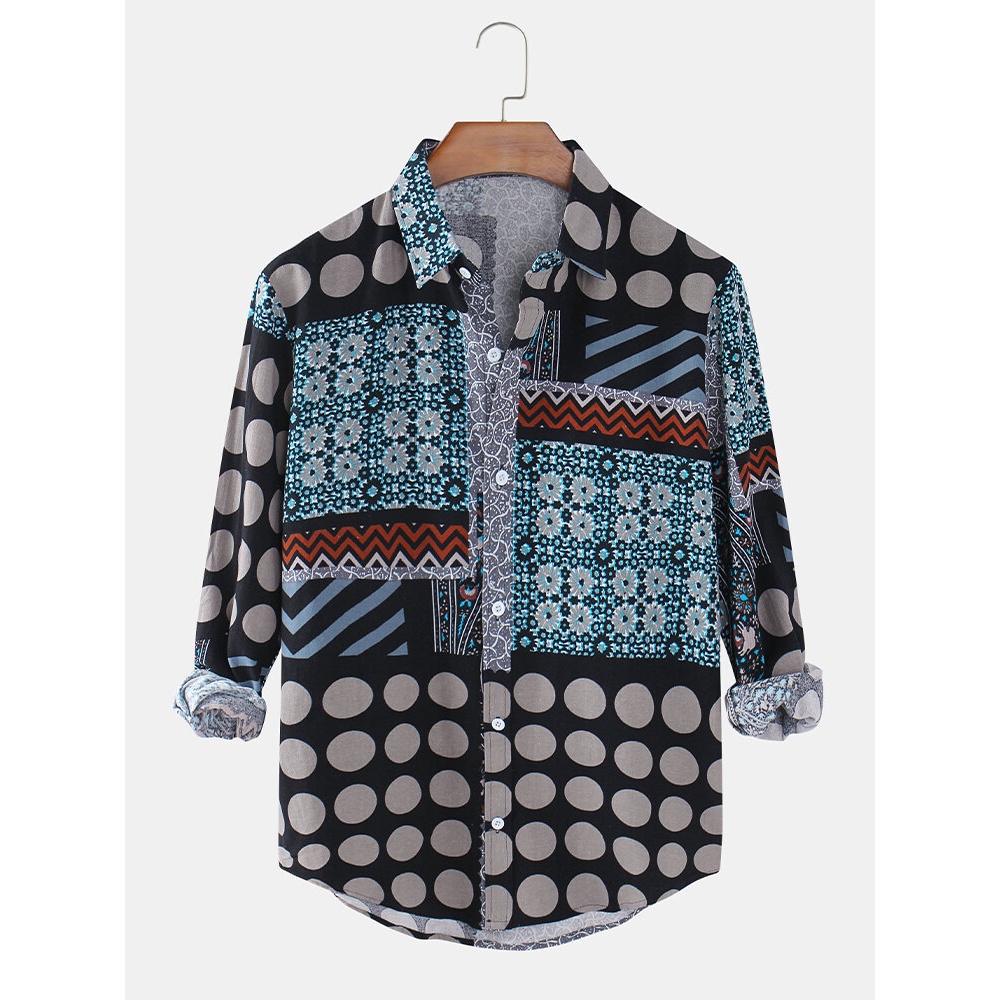 Ethnic Style Print Patchwork Lapel Collar Long Sleeve Vintage Shirts - Black S