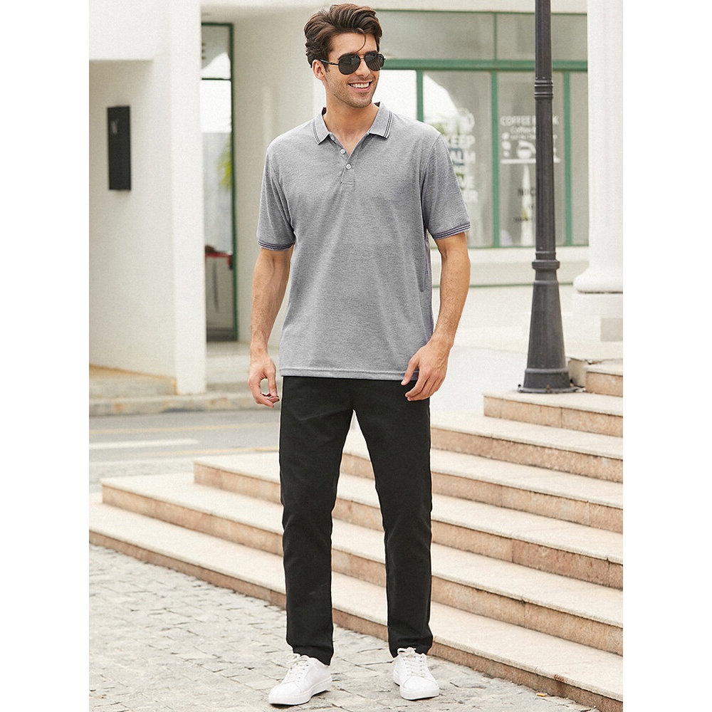 Mens Business Cotton Solid Color Button Closure Golf Shirts - Dark Blue 2XL