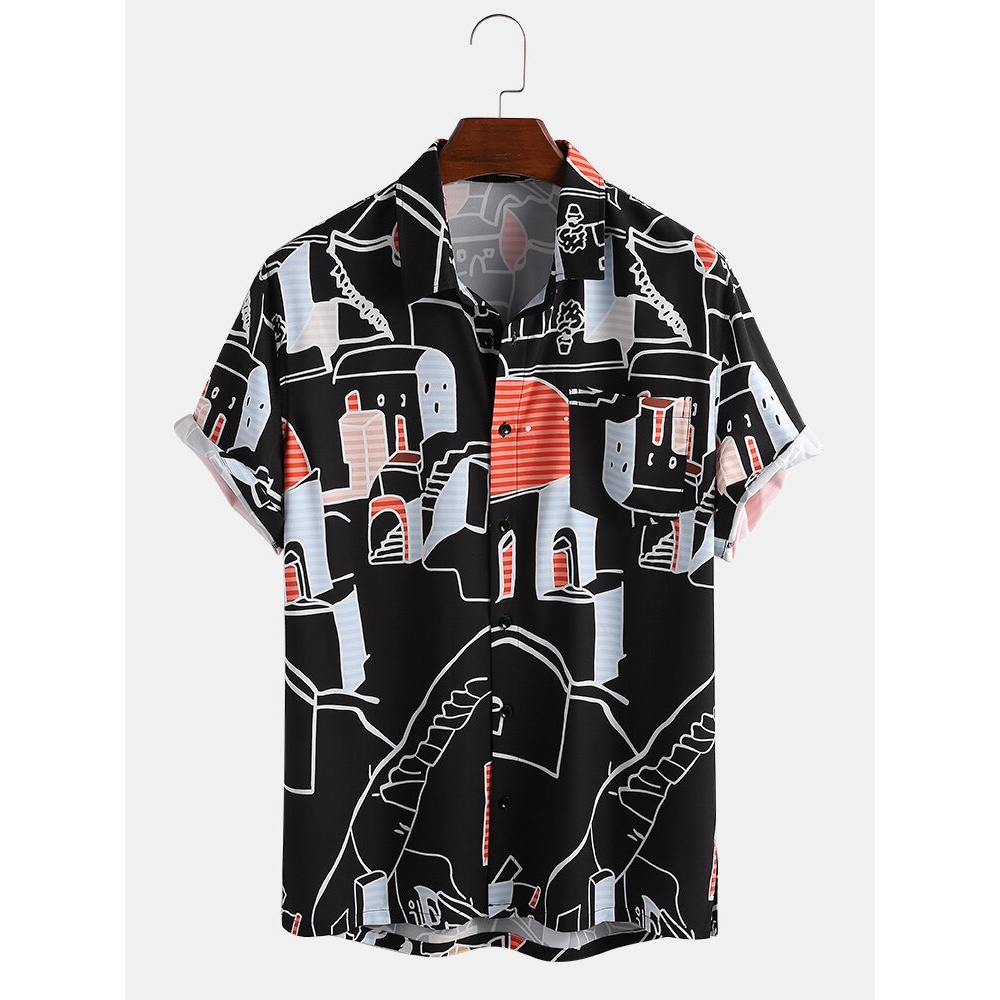 Mens Fashion Abstract Funny Printing Breathable Short Sleeve Causal Shirts - Black 3XL
