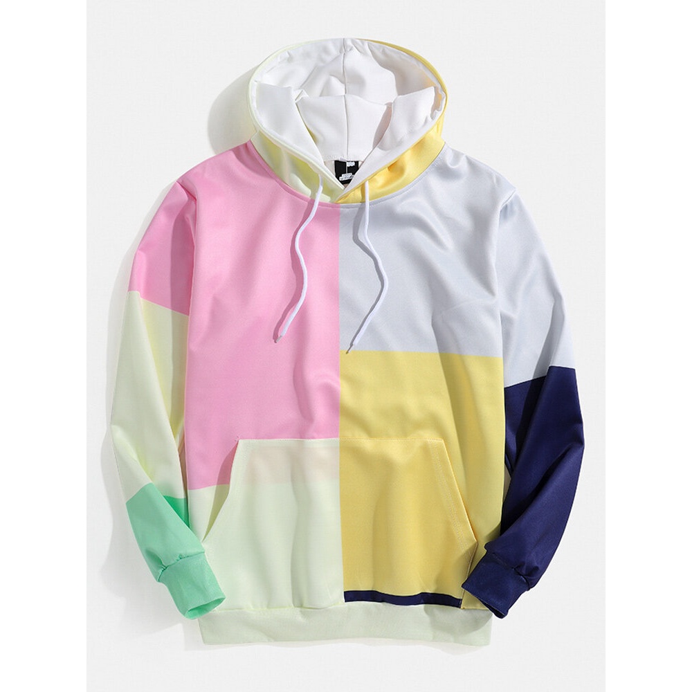 Mens Color Block Long Sleeve Kangaroo Pocket Design Hoodies - Multicolor XL