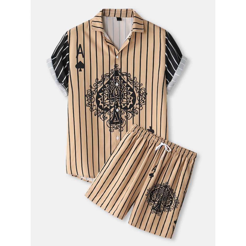 Mens Funny Poker Pattern Patchwork Striped Shirts & Shorts Co-ords - Brown S