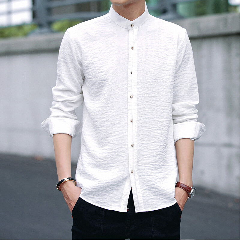 long-sleeved white shirt men's Slim Korean version of the trend shirt men's youth dress solid color inch shirt overalls - M Black - Image 2