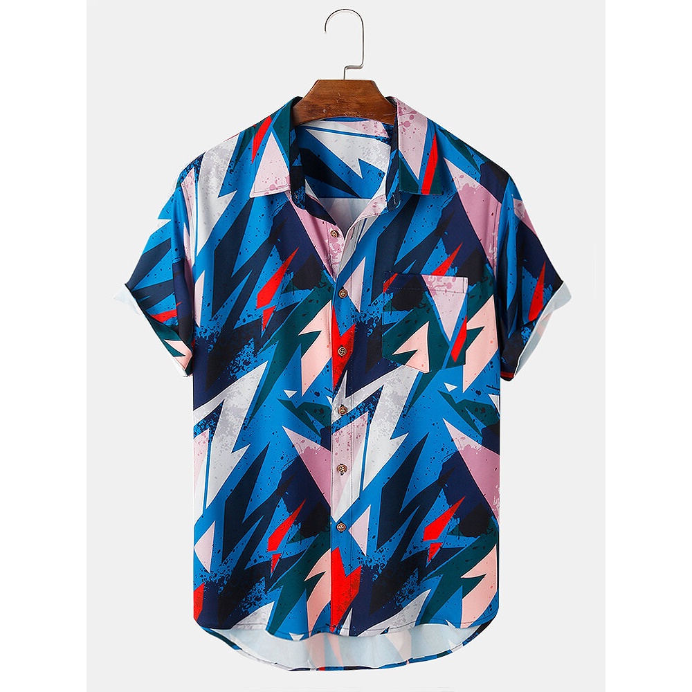 Mens Holiday Patchwork Pocket Short Sleeve Casual Shirts - Blue XL