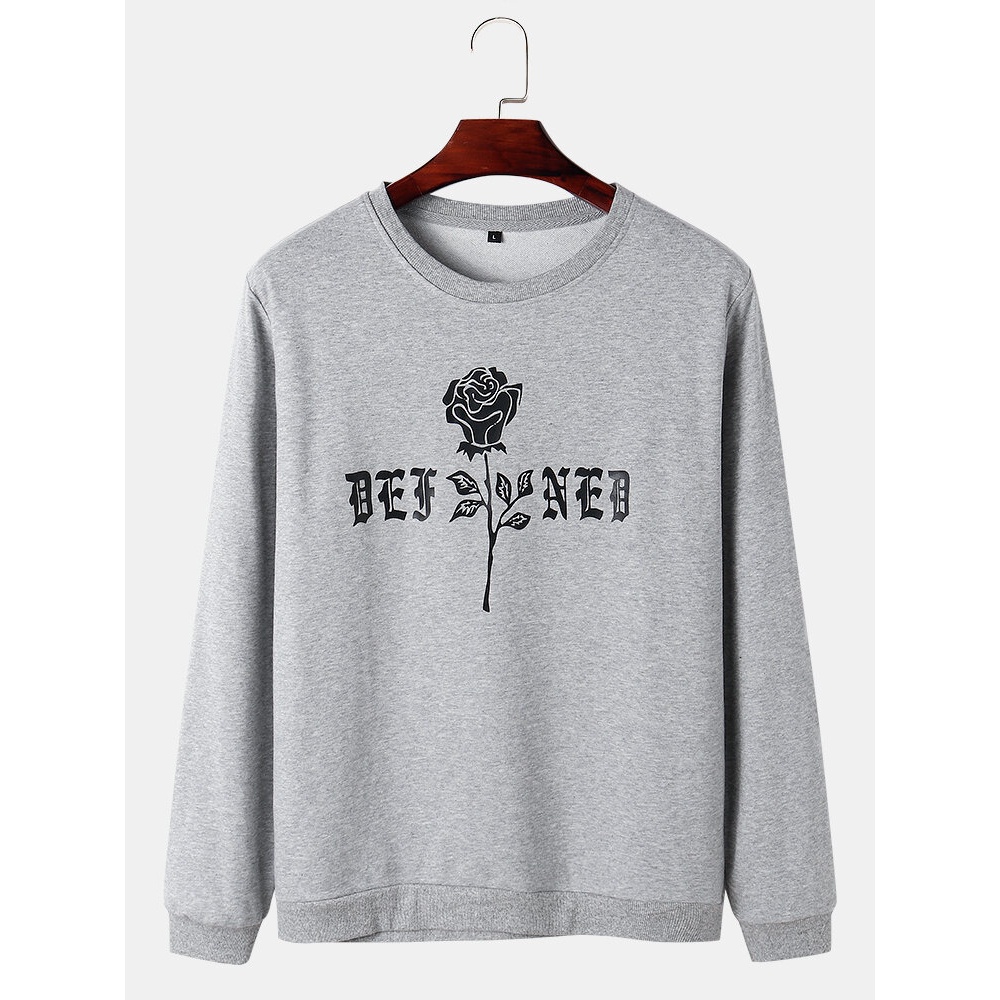 Mens Rose Monogram Print Round Neck Cotton Pullover Sweatshirts - White L