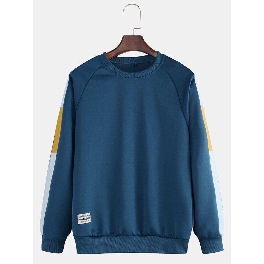 Men's New Handsome Personality Stitching Round Neck Pullover Bottoming Sweatshirt - S Yellow