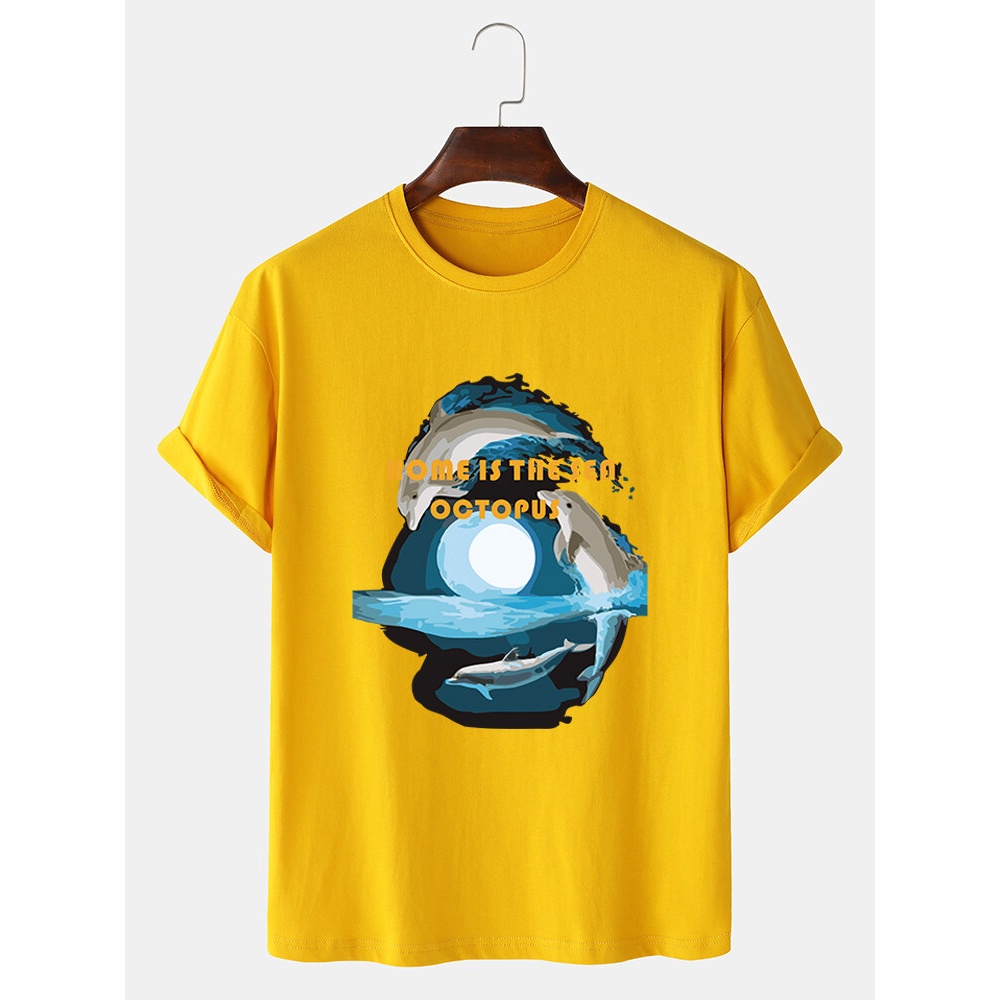 Mens Dolphin Graphic Print 100% Cotton O-Neck Short Sleeve T-Shirt - Black S