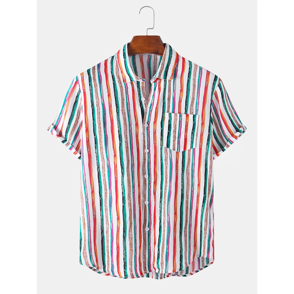 Mens New Colorful Striped Turn Down Collar Short Sleeve Shirts - Green XL