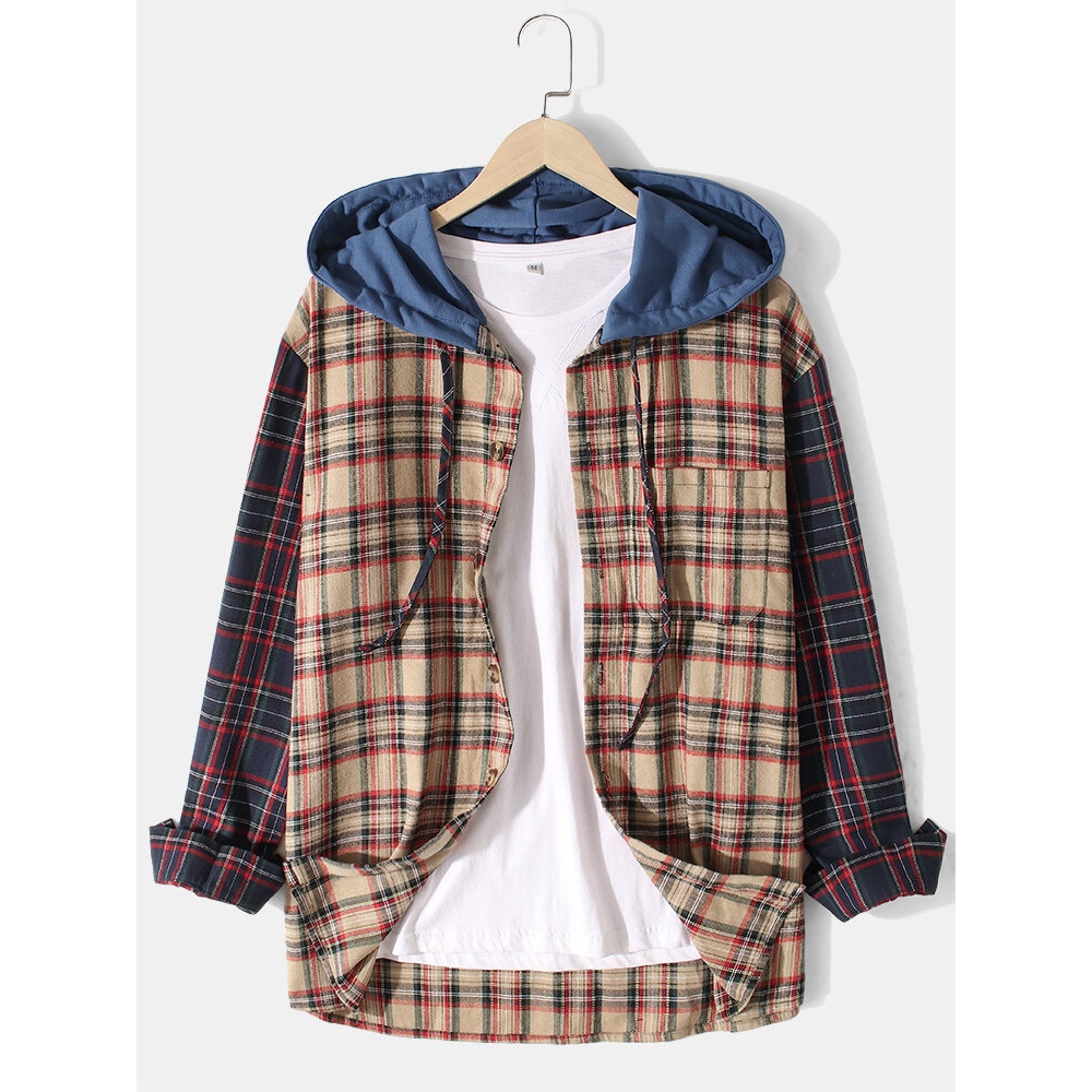Mens Patchwork Plaid Chest Pocket Vintage Hooded Shirts - Khaki S