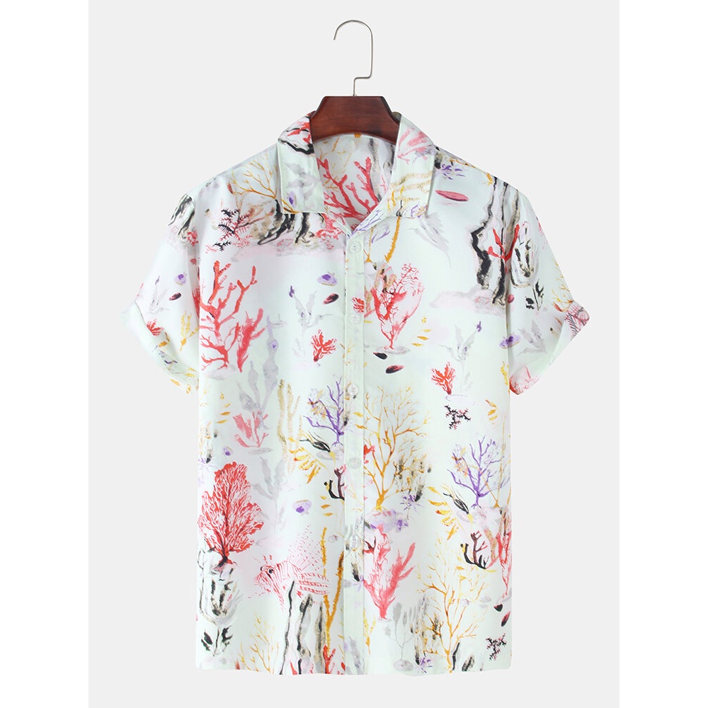 Mens Plant Print Hawaii Casual Lapel Collar Shirts - Yellow S