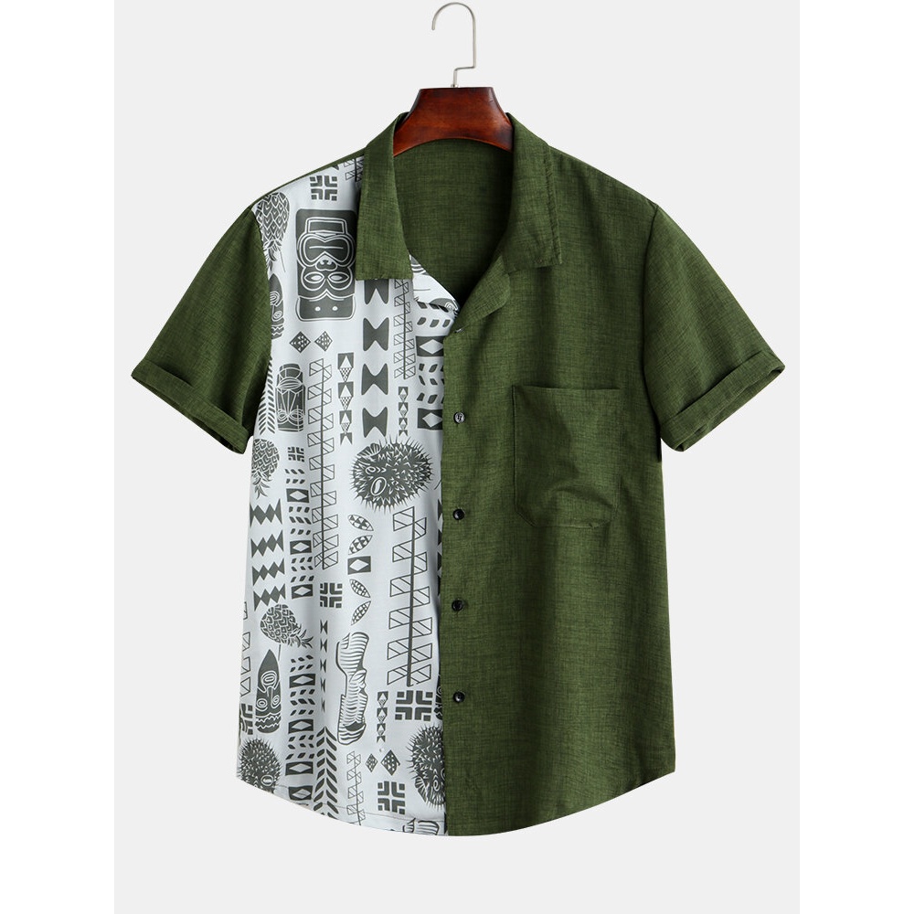Mens Pattern Chest Pocket Short Sleeve Patchwork Shirts - M Army Green