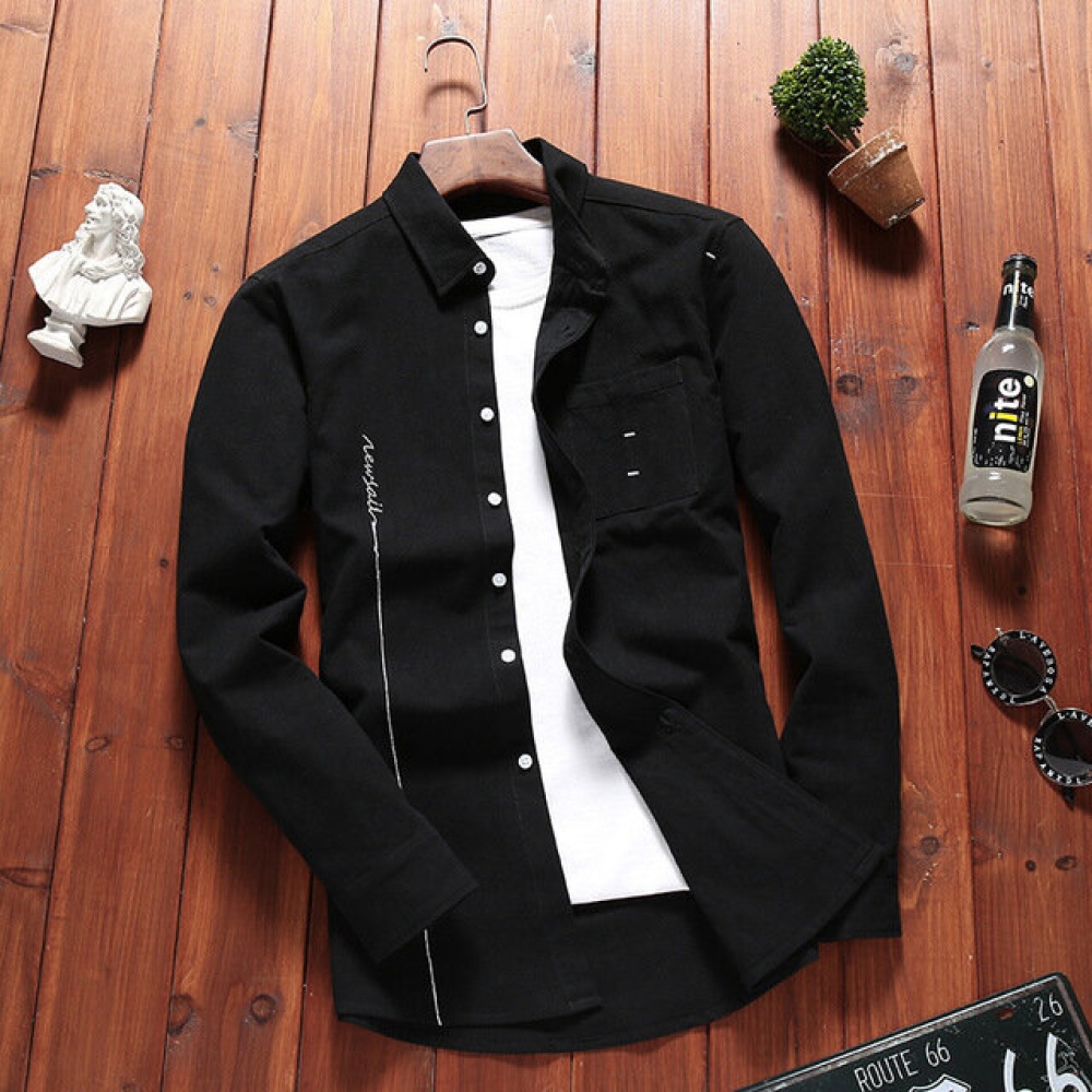 Season New Hong Kong Style Japanese Retro Solid Color Shirt Men's Long-sleeved Slim Large Size Cotton Youth Fashion Shirt - M Tian Lan