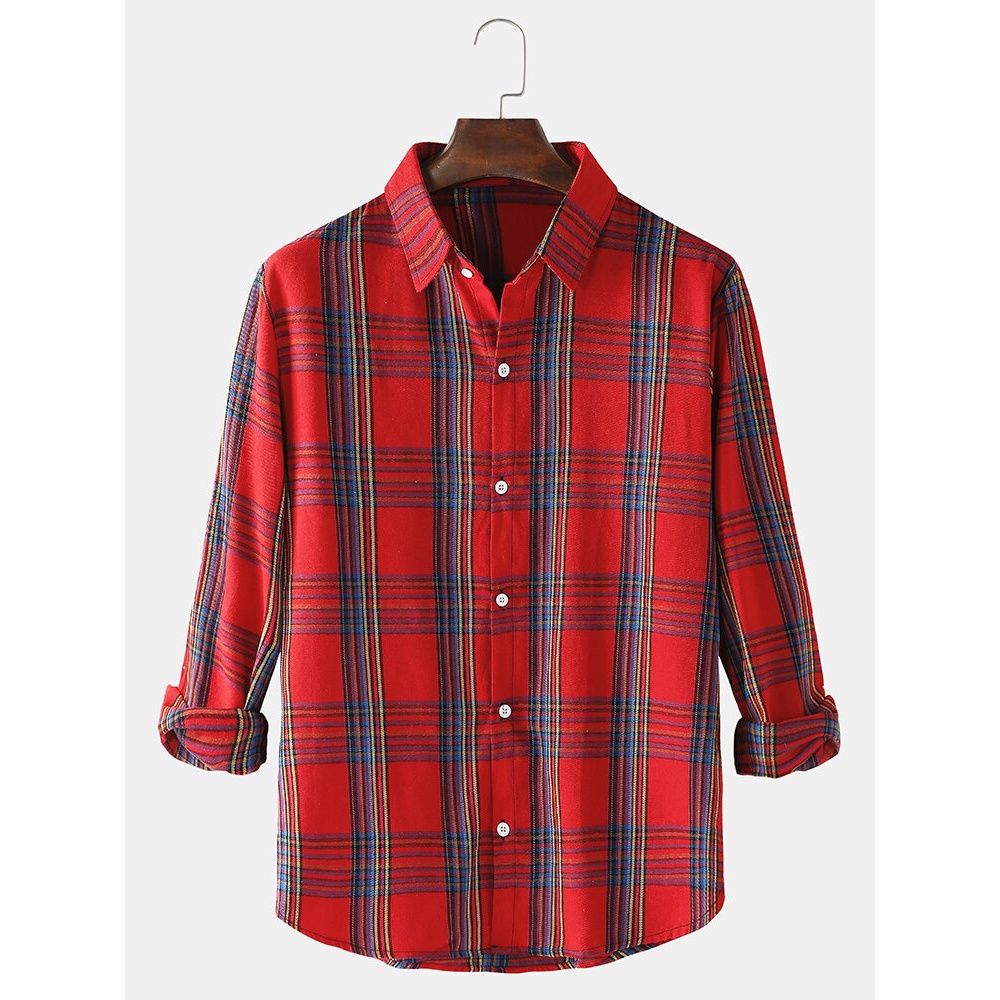 Mens Fashion Colorful Plaid Print Turn Down Collar Long Sleeve Casual Shirts - Yellow M