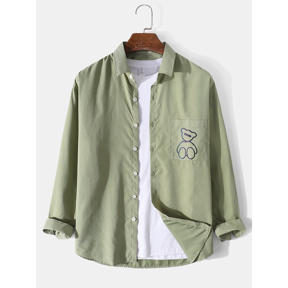 Mens Solid Color Bear Pocket Cotton Long Sleeve Lapel Shirt - Khaki L