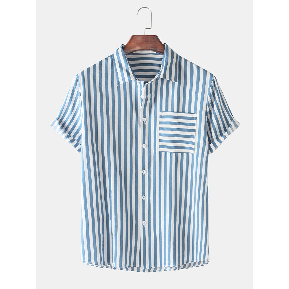 Mens Striola Design Pocket Turn Down Collar Stripe Breathable Casual Shirts - Sky Blue M