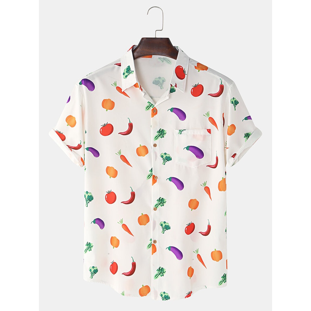 Mens Colorful Vegetables Print Casual Loose Thin Short Sleeve Shirts - Black S