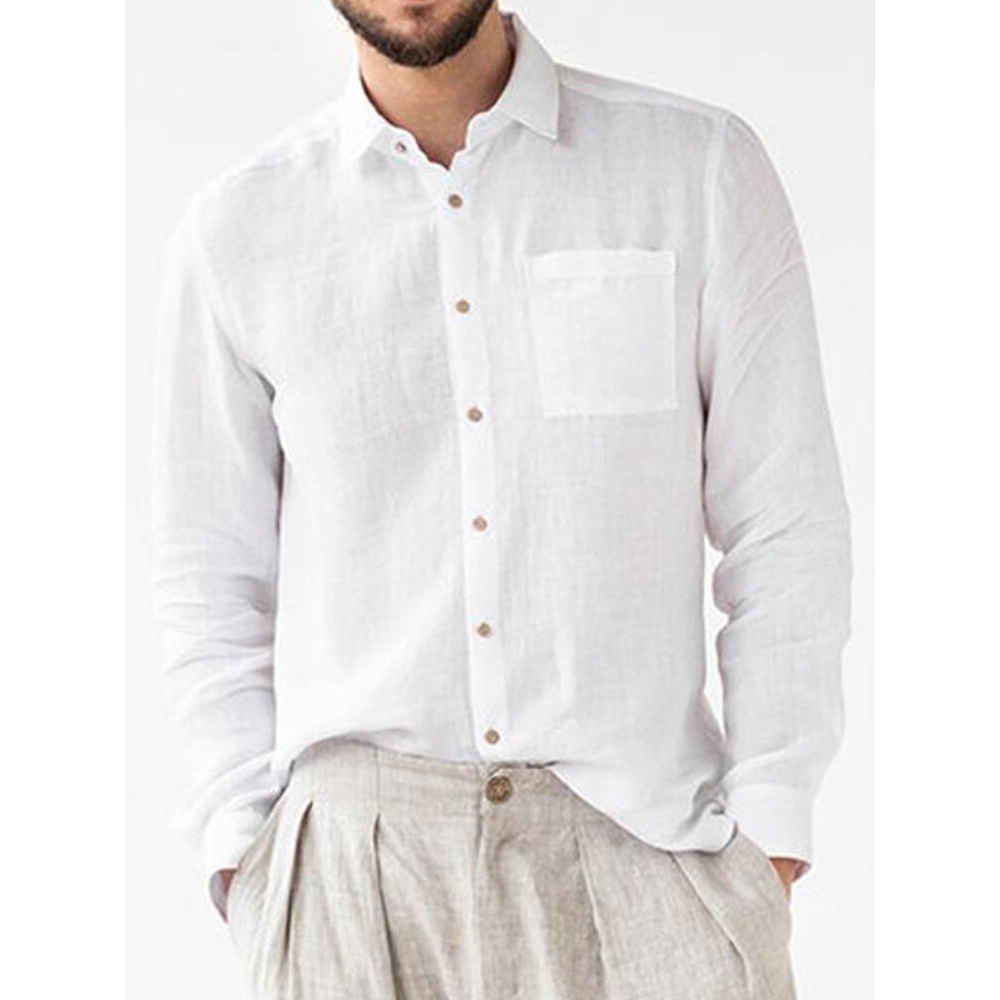 Mens 100% Cotton Button Up Long Sleeve Solid Color Shirts With Pocket - White S