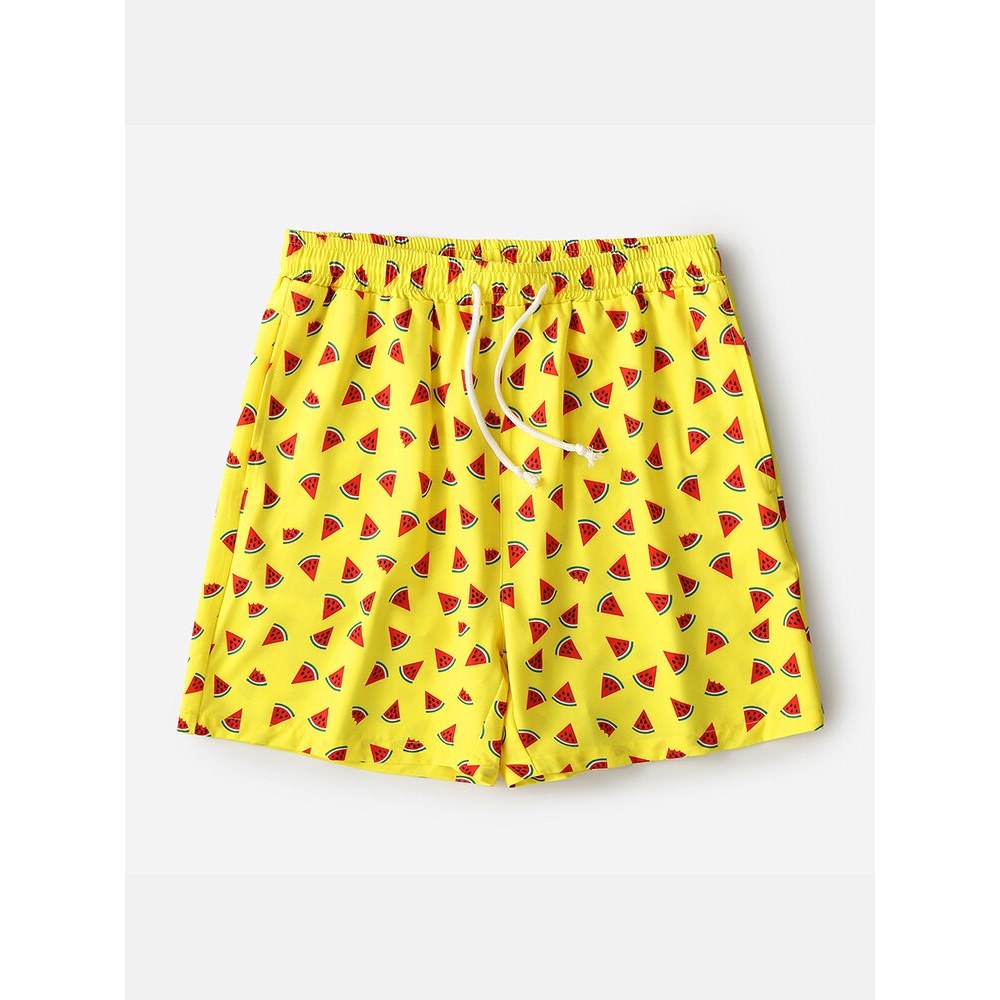 Mens Holiday Watermelon Funny Cartoon Printing Quick Drying Mini Short Beach Shorts - Yellow M