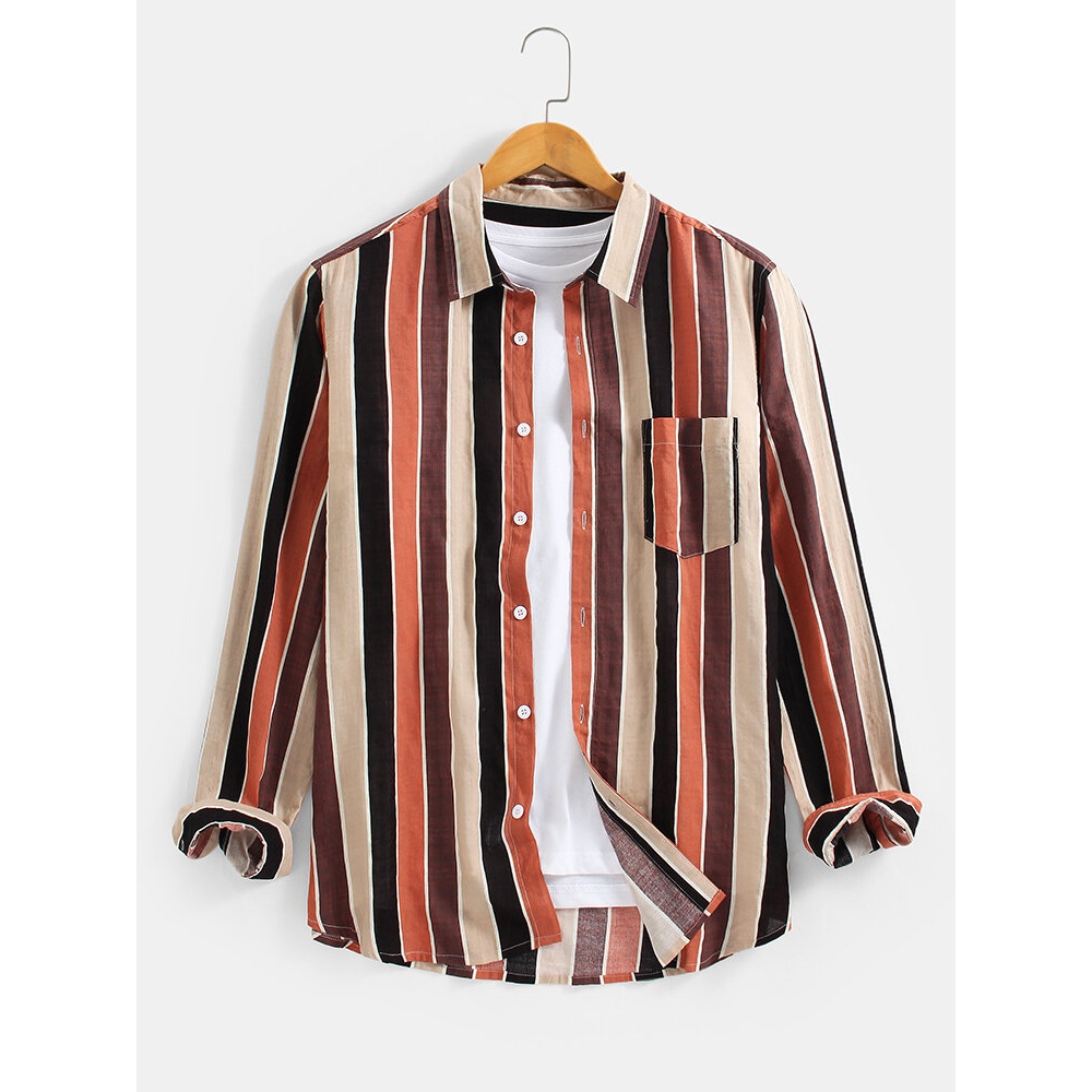 Cotton Mens Colorful Stripe Chest Pocket Lapel Collar Long Sleeve Casual Shirts - Blue S