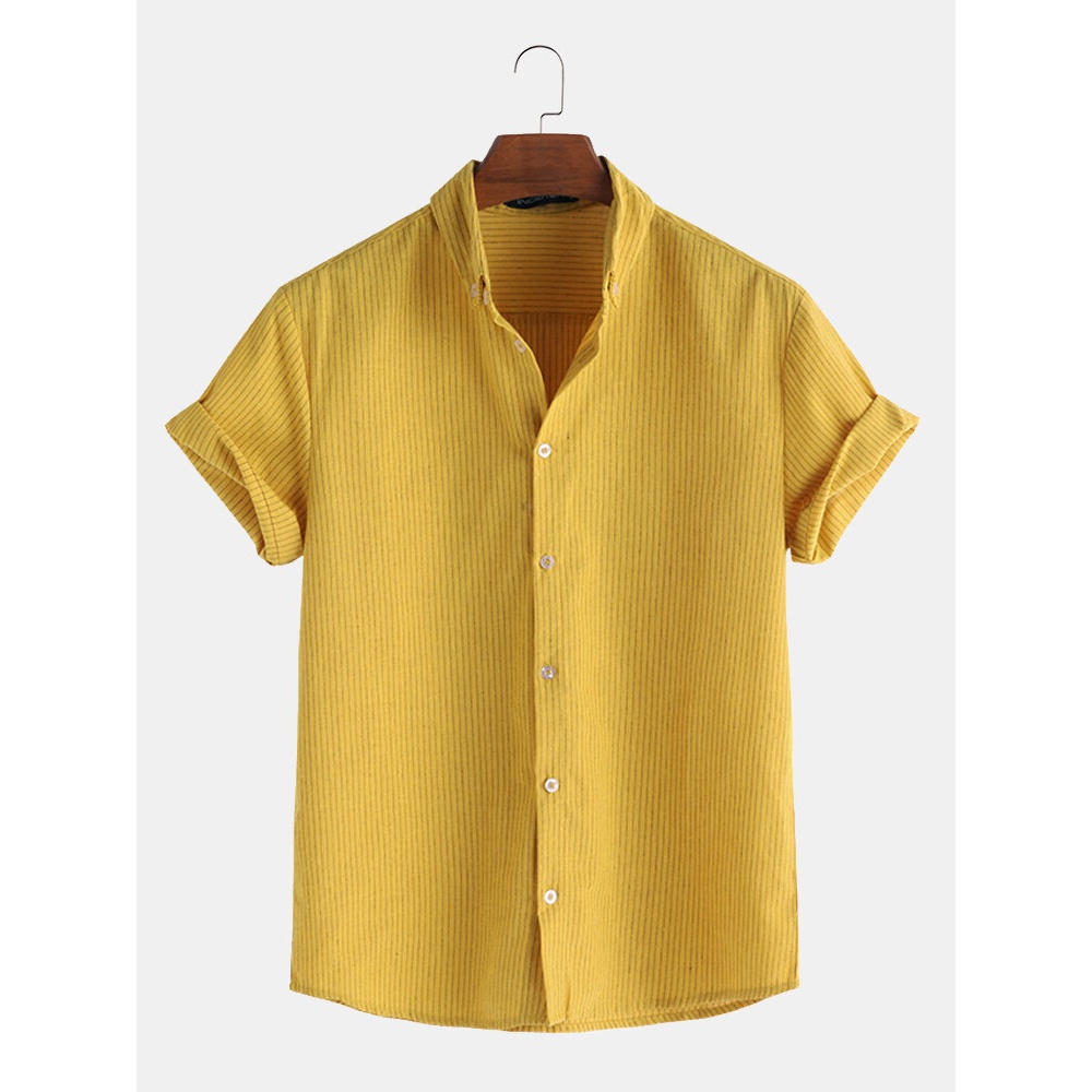 Mens Summer Casual Loose Short Sleeve Striped Shirts - M Black