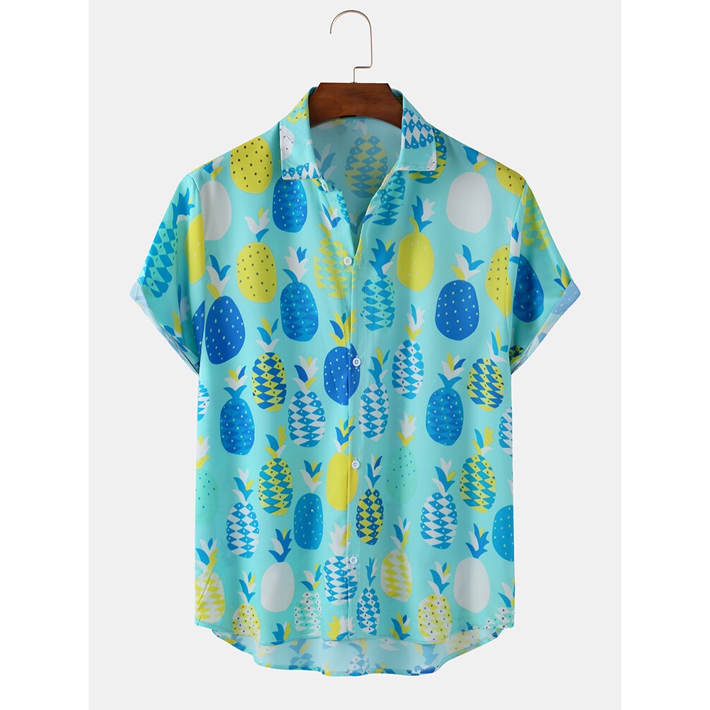 Mens Funny Colorful Pineapple Print Short Sleeve Casual Lapel Collar Shirts - Blue L
