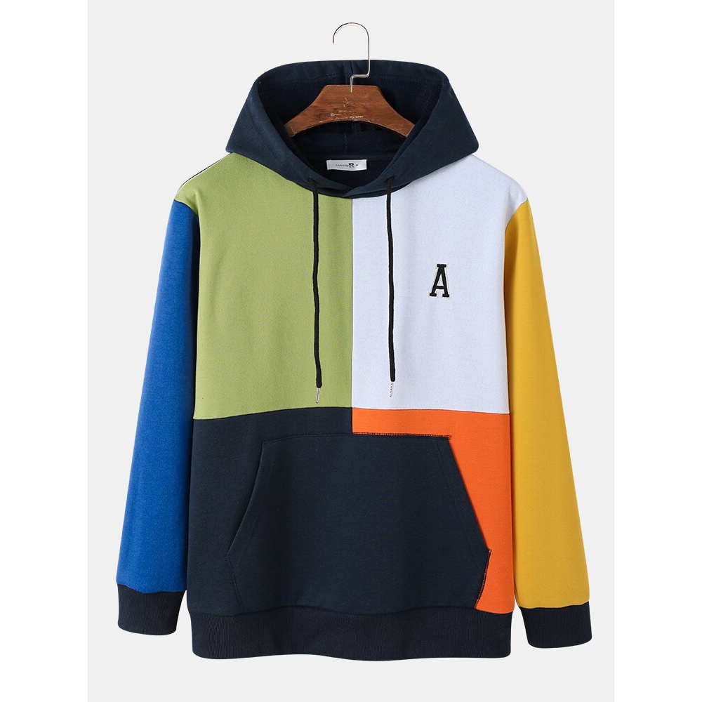 Mens Patchwork Multi Color Letter A Embroidery Kangaroo Pocket Hoodies - Blue S