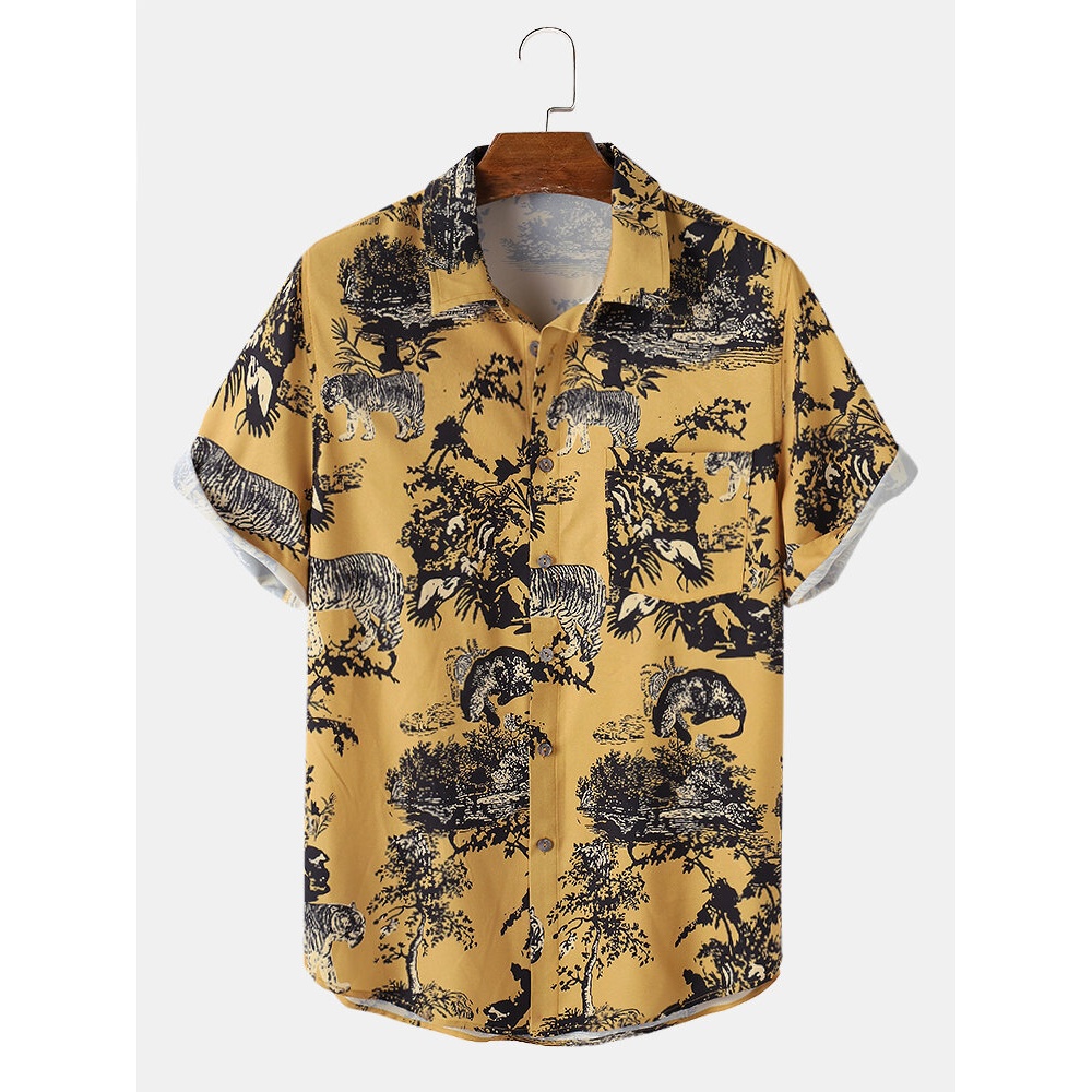 Mens Jungle Style Tiger Print Casual Shirts - Yellow S