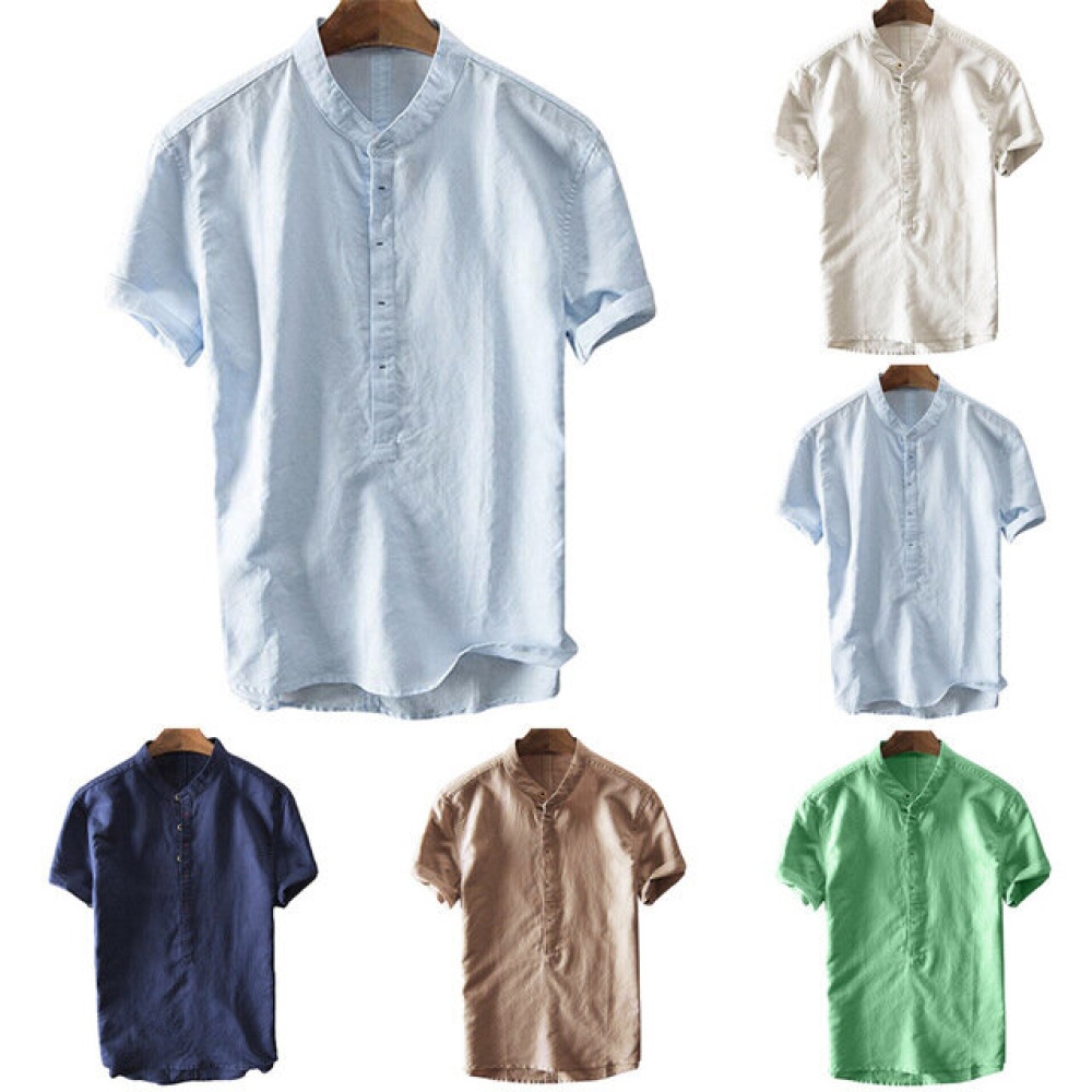 European And American Fashion Shirts Cotton And Linen Half Cardigan Cotton And Linen Short-sleeved Shirt Male - XL Light Blue