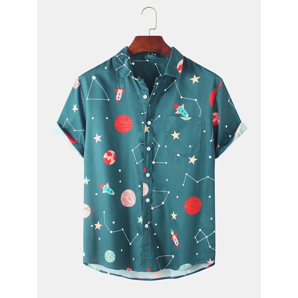 Fashion Starry Sky Cartoon Printing Breathable Short Sleeve Casual Shirts For Men Women - Cyan 2XL