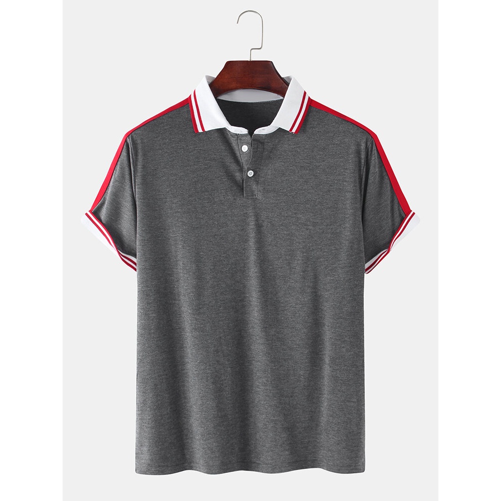 Mens Plain Casual Short Sleeves Golf Shirt With Contrast Ribbed Trims - Grey 2XL