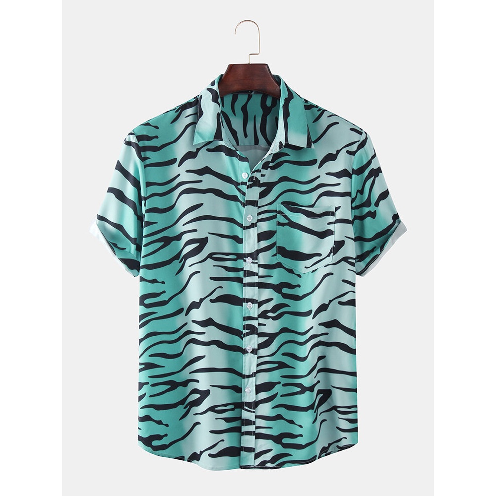Mens New Fashion Tiger Pattern Print Short Sleeve Shirts - Green L