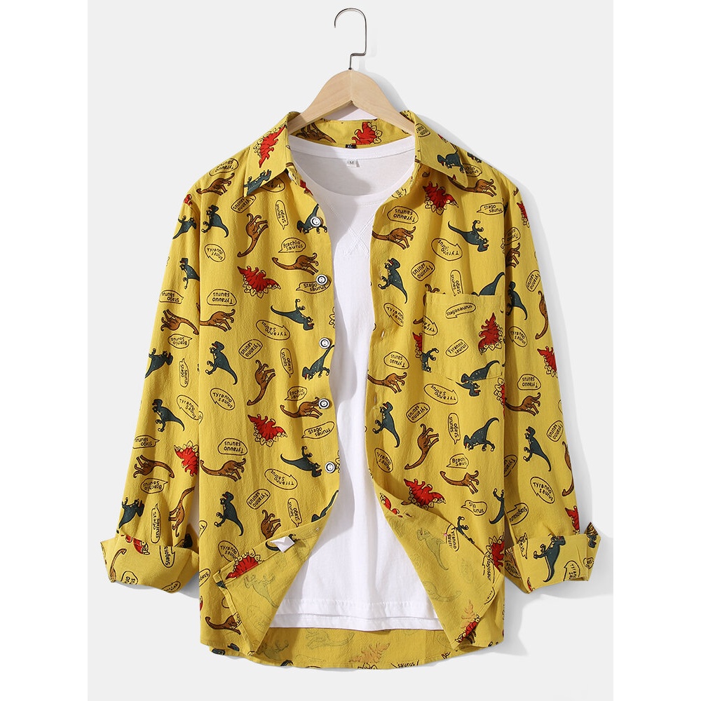 Cotton Mens Cartoon Dinosaur & Letter Print Lapel Long Sleeve Funny Shirts - White S