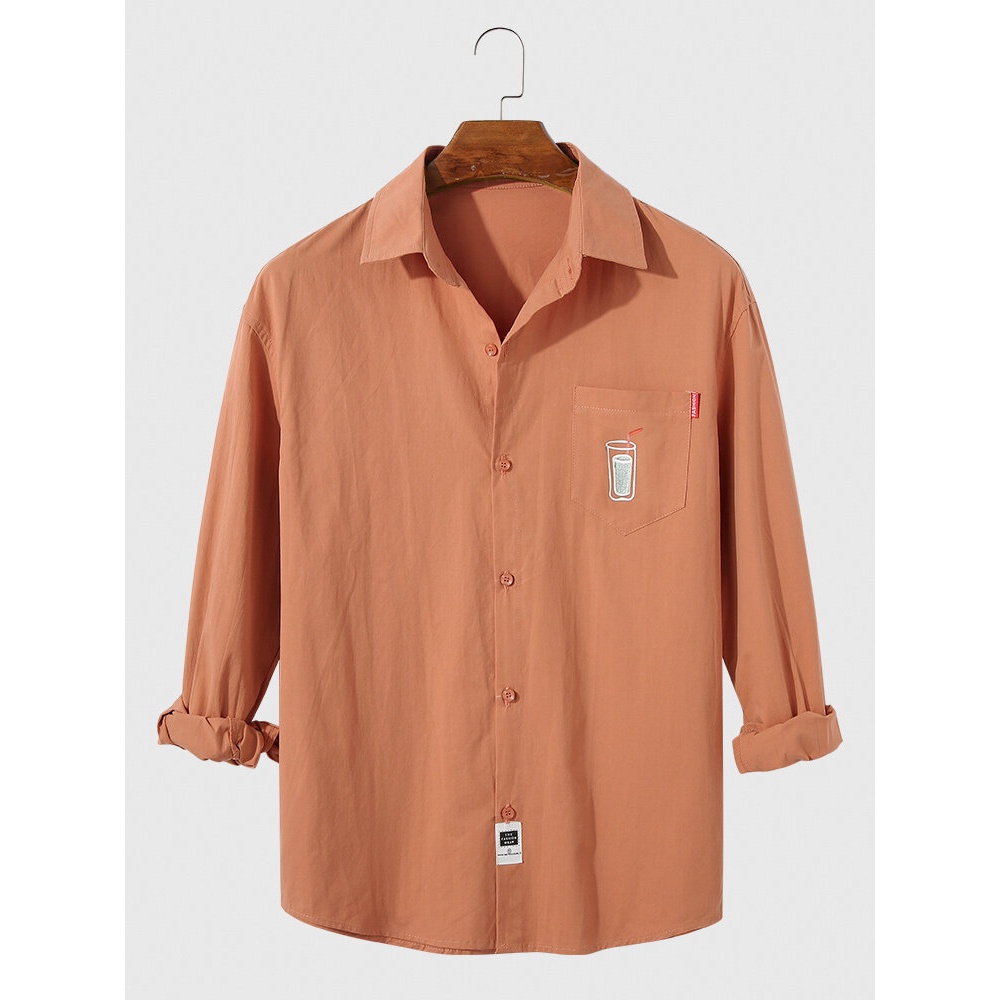 Mens Cotton Embroidery Plain Lapel Relaxed Fit Long Sleeve Shirts With Pocket - Yellow XL