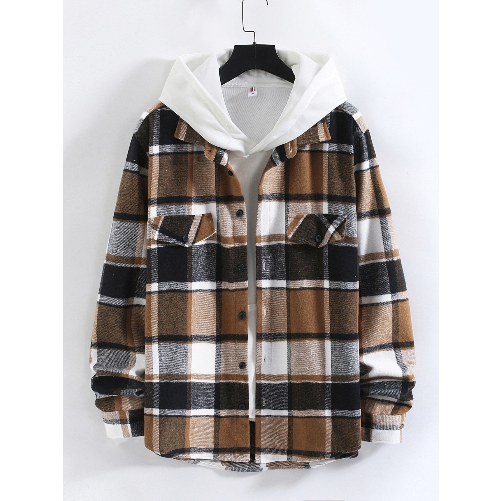 Men Check Plaid Decor Pocket Button Up Casual Long Sleeve Shirts - Khaki L