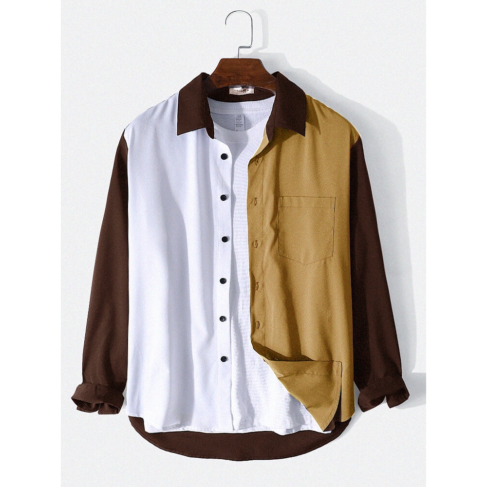 Mens Multi Color Patchwork Chest Pocket Long Sleeve Casual Shirts - Black S