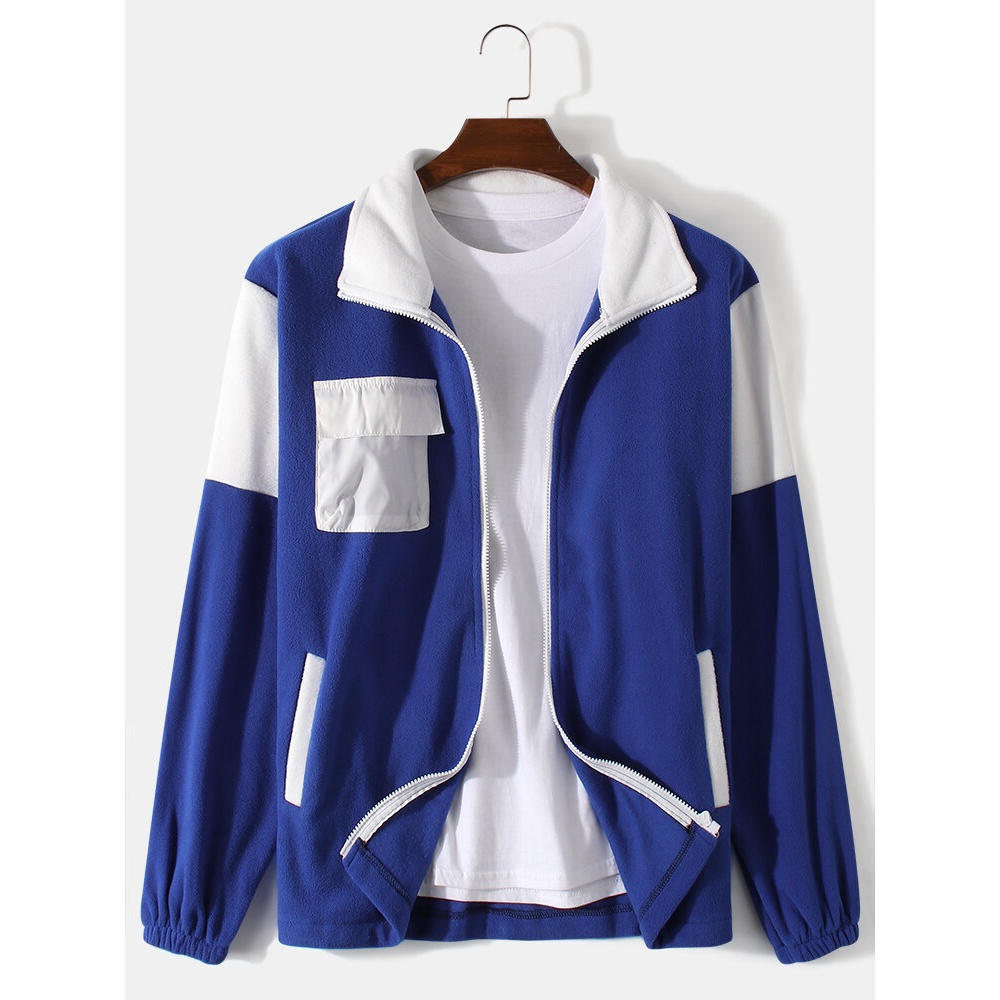 Mens Contrast Patchwork Jacket Zip Front Lapel Relaxed Fit Hoodies - White S