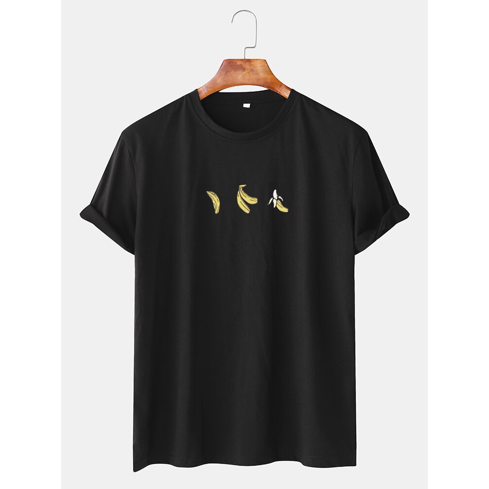 Men Cartoon Banana Print Crew Neck Short Sleeve Casual T-Shirts - Black S