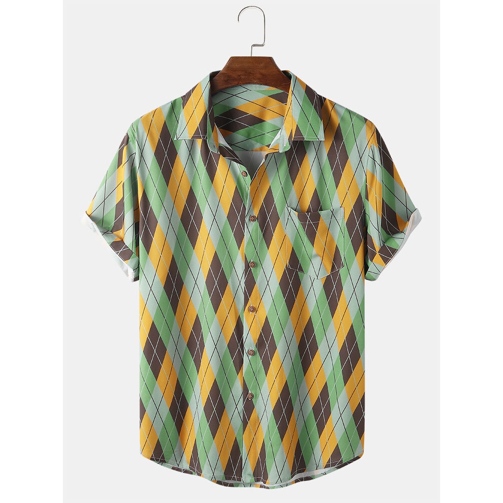 Mens Color Block Contrast Geometric Lapel Short Sleeve Shirt - Yellow S