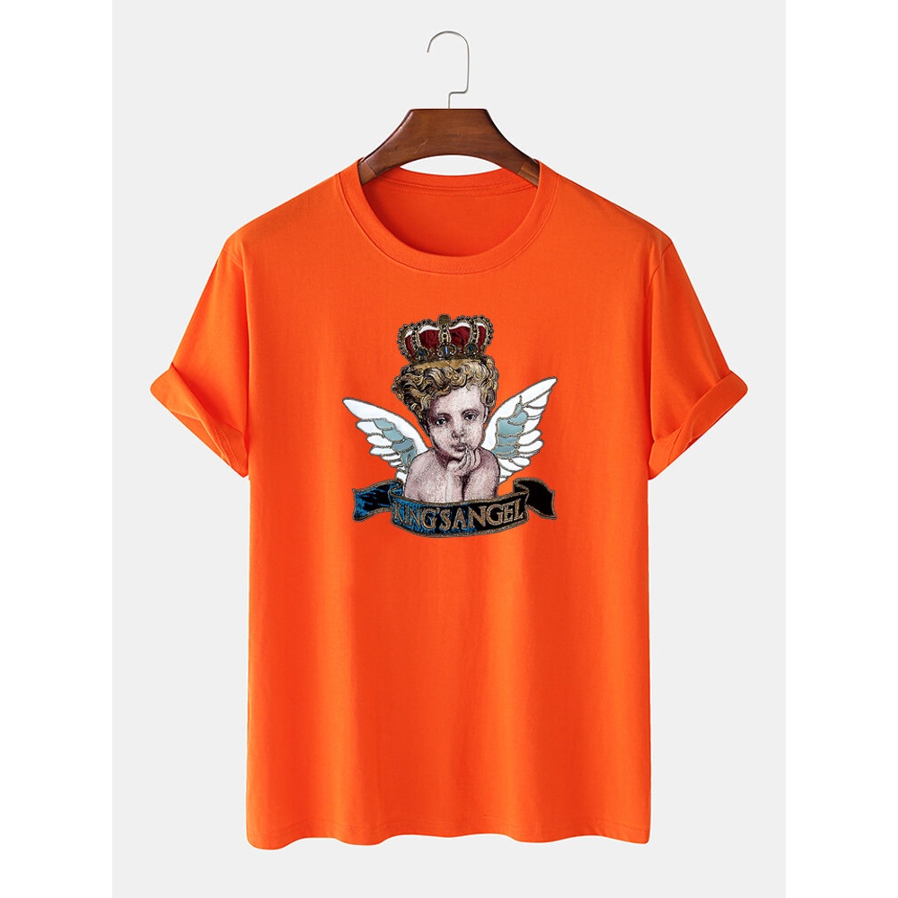 Mens Cute Angel Letter Printed 100% Cotton Short Sleeve Casual T-Shirts - Black S