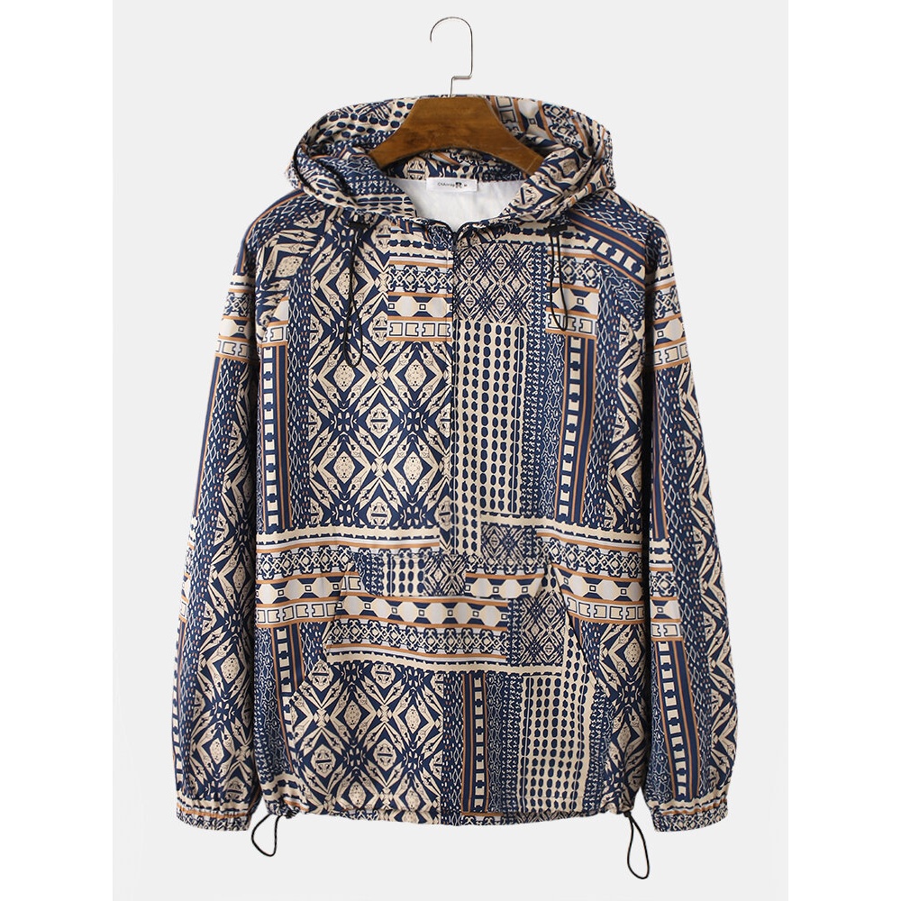 Mens Vintage Tribal Pattern Print Drawstrin Hem Pullover Hoodie Portable Windbreaker Jacket - Navy S