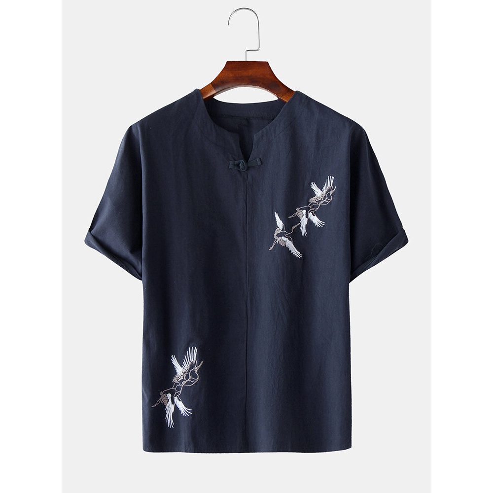 Mens Chinese Linen Red-Crowned Crane Embroidery Short Sleeve Shirts - Black 3XL