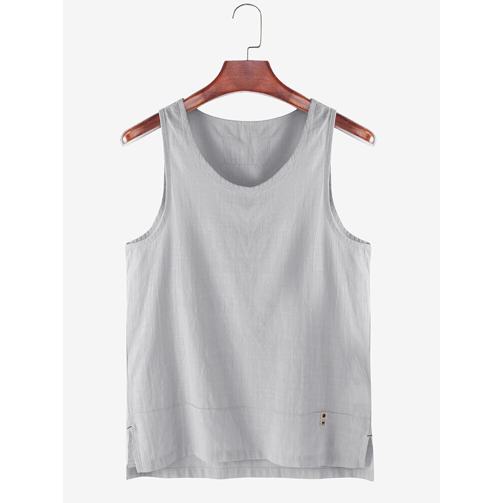 Mens Solid Color Cotton High Low Split Hem Casual Tank Tops - White M