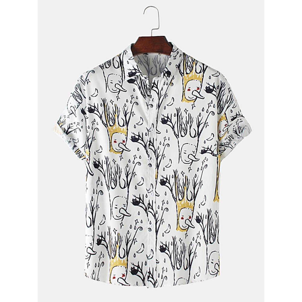Mens Hand Painted Funny Tree Print Loose Casual Short Sleeve Shirts - Yellow XL
