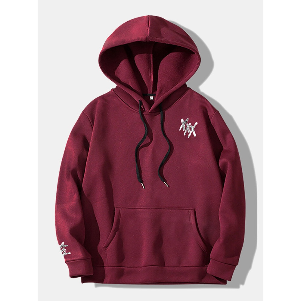 Mens Simple Chest Graffiti Print Long Sleeve Kangaroo Pocket Drawstring Hoodies - Black 2XL