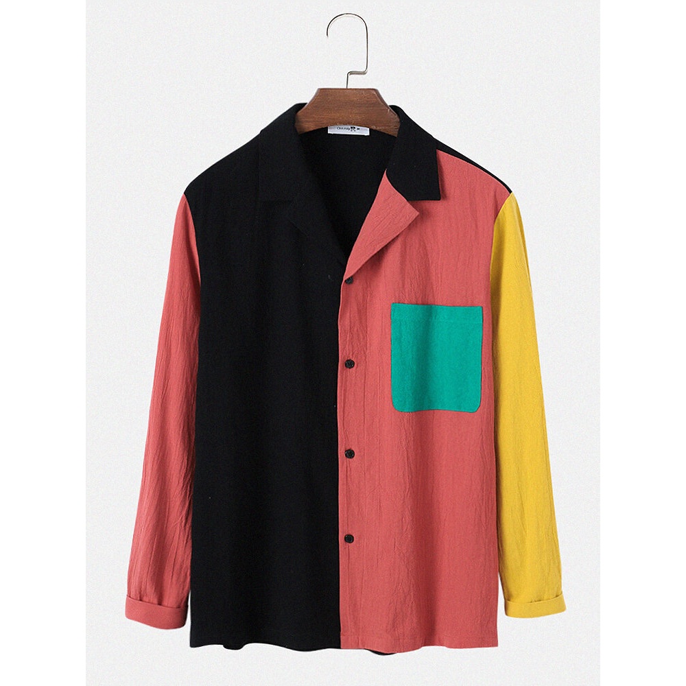 Mens Contrast Color Patchwork Revere Collar 100% Cotton Casual Shirt - Black S